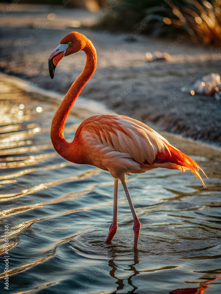 a Flamingo standing in shallow water at sunset, using a zoom lens and warm, golden-hour lighting a Flamingo standing in shallow water at sunset, using a zoom lens and warm, golden-hour lighting