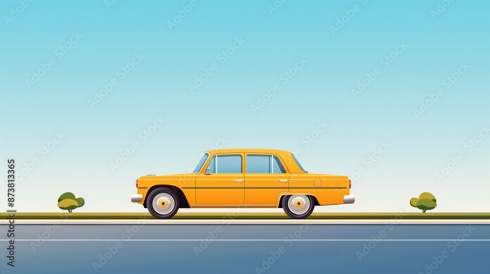 Fototapeta premium Yellow classic car driving on a road with blue sky.