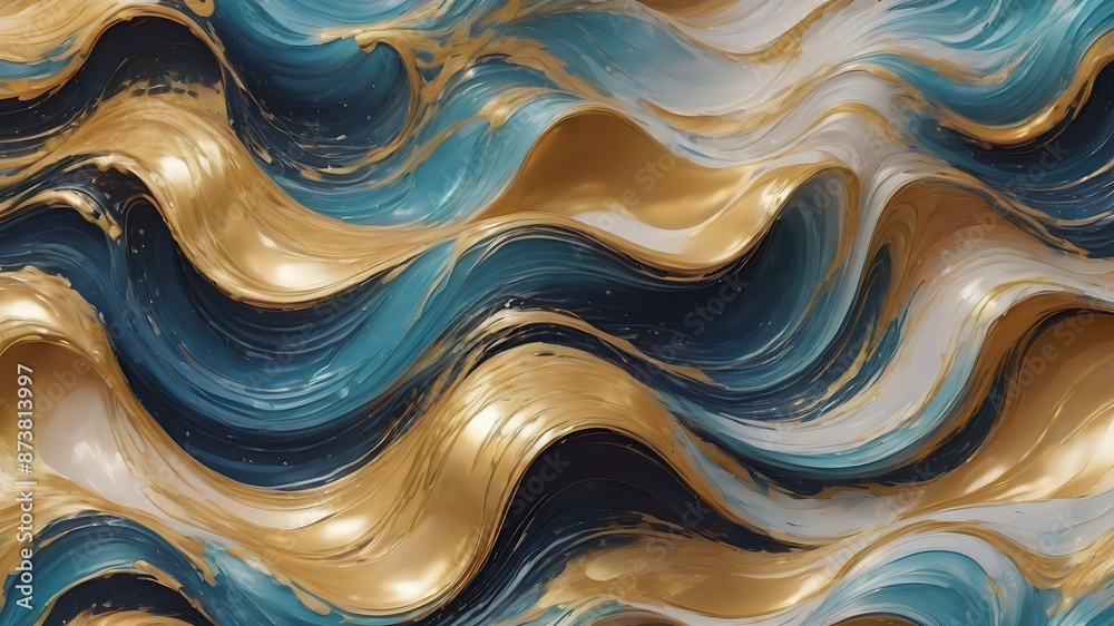 Fototapeta premium Acrylic paint mixed together. Luxurious wallpaper with gold dust. Elegant waves. Milky textures. 3D Illustration. 