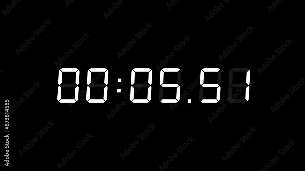 6 Digits Matte White Digital Countdown Timer Starting at 00:10:00 (10 seconds) on Black Background, Featuring High-Visibility LED Display. 4K Motion Graphics.