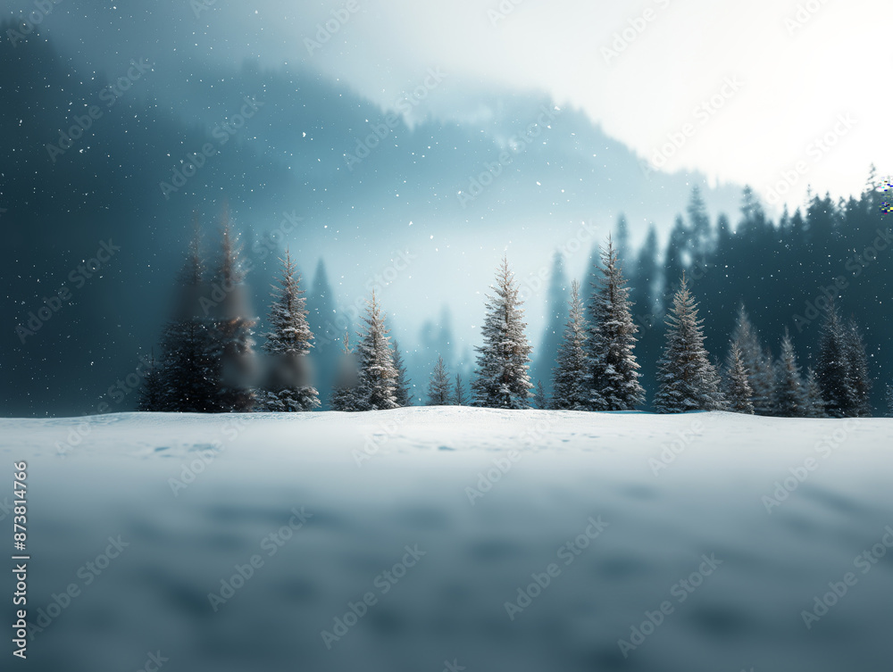 Snow-Covered Evergreen Forest in a Winter Wonderland with Falling Snowflakes, Seasonal Holiday Snow-Covered Evergreen Forest in a Winter Wonderland with Falling Snowflakes, Seasonal Holiday