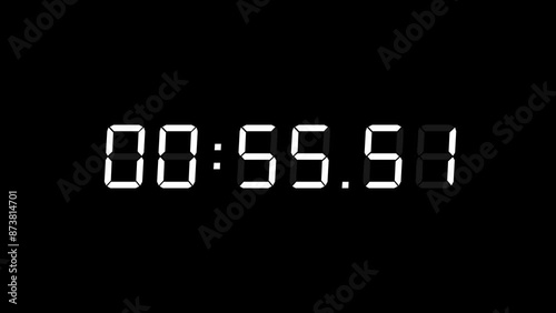 6 Digits Matte White Digital Countdown Timer Starting at 01:00:00 (60 seconds, 1 minute) on Black Background, Featuring High-Visibility LED Display. 4K Motion Graphics. photo