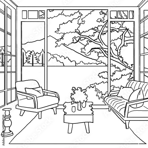 Coloring Page of cozy aesthetic room with lake view and mountain for adults, pen and ink, black and white