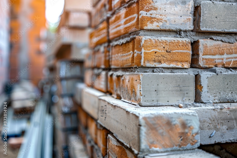 A stack of red bricks piled neatly next to a brick building, Advancements in building materials and their properties