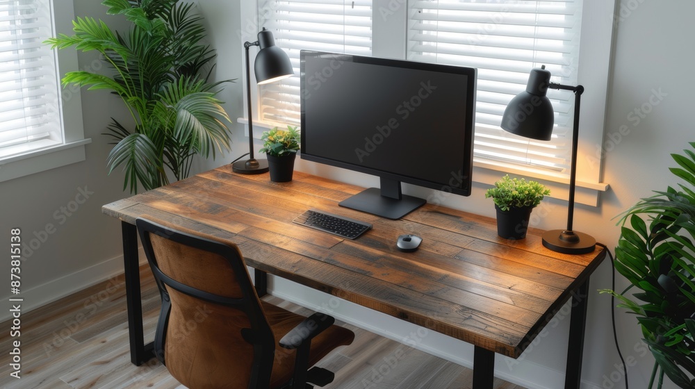 Cozy home office setup with a rustic wooden desk, a warm desk lamp, and a supportive ergonomic chair, surrounded by plants and soft lighting Cozy home office setup with a rustic wooden desk, a warm desk lamp, and a supportive ergonomic chair, surrounded by plants and soft lighting