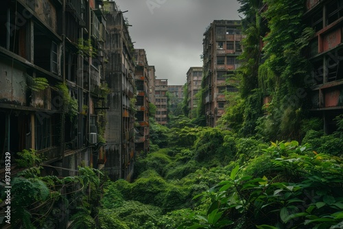 Fototapeta Naklejka Na Ścianę i Meble -  A very tall building stands amidst lush green plants in an abandoned city overrun by nature, An abandoned city overgrown with lush vegetation
