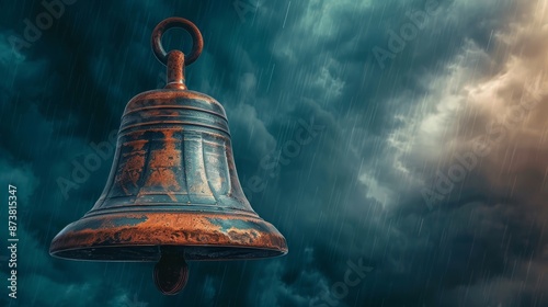 Elegant bell metal service infused with lightning, set against a turbulent stormy sky, vibrant bolts of energy striking down photo