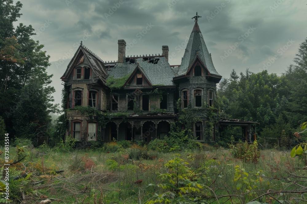 An old Victorian mansion sits neglected in a forest, surrounded by overgrown vegetation and a sense of eerie abandonment, An abandoned Victorian mansion with overgrown gardens An old Victorian mansion sits neglected in a forest, surrounded by overgrown vegetation and a sense of eerie abandonment, An abandoned Victorian mansion with overgrown gardens