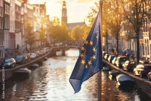 European Union Flag Flutters Over a Picturesque Canal During Sunset - Perfect for Travel and Government Publications