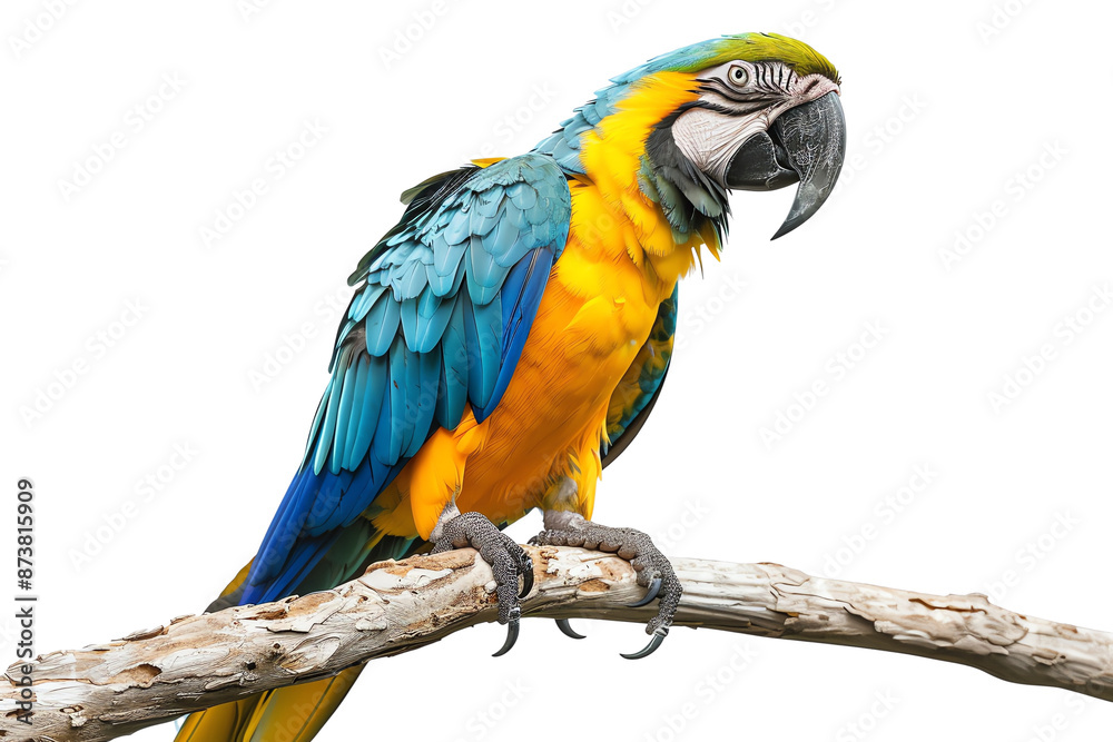 Fototapeta premium Colorful parrot with vibrant blue and yellow plumage perched on a branch against a white background, showcasing its striking feathers.