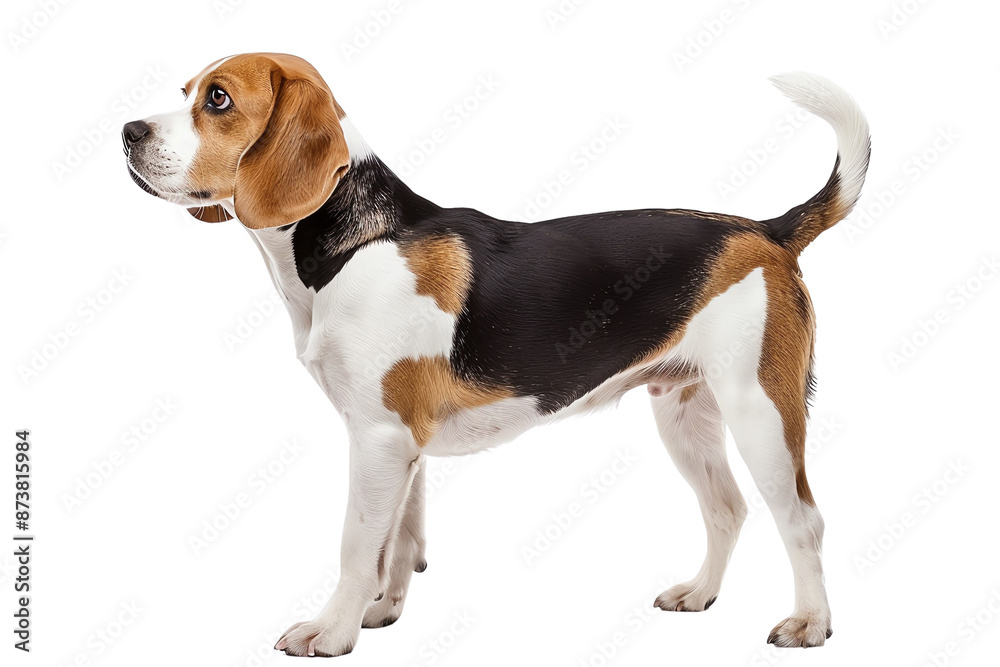 Side view of a tricolor beagle standing against a white background, showcasing its distinctive markings and alert posture. Side view of a tricolor beagle standing against a white background, showcasing its distinctive markings and alert posture.