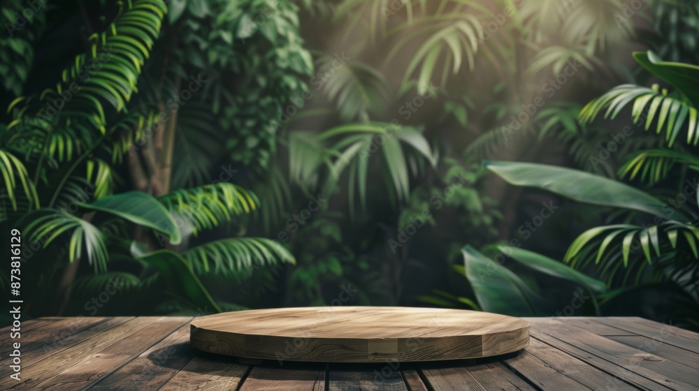 A wooden tabletop stand designed to display products, with a tropical nature concept. A wooden tabletop stand designed to display products, with a tropical nature concept.