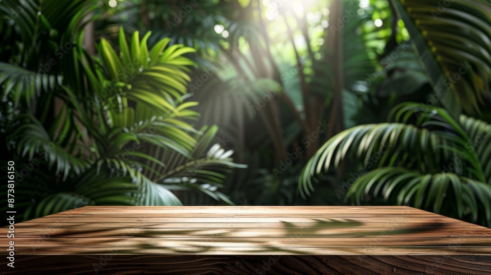 Fototapeta premium A wooden tabletop stand designed to display products, with a tropical nature concept.