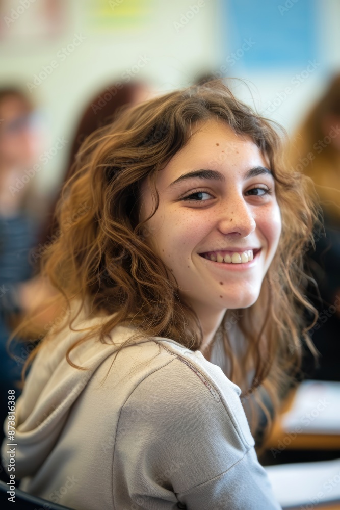 A smiling teenage girl sitting in a classroom A smiling teenage girl sitting in a classroom