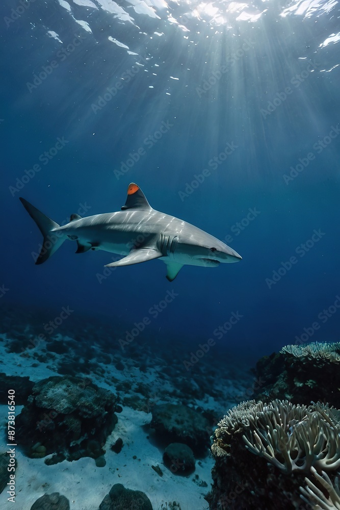Fototapeta premium shark swimming in the deep ocean underwater background scence