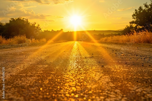 Picture of the hot sun shines on the road surface with heat waves, sweltering heat, heatwave AI photo