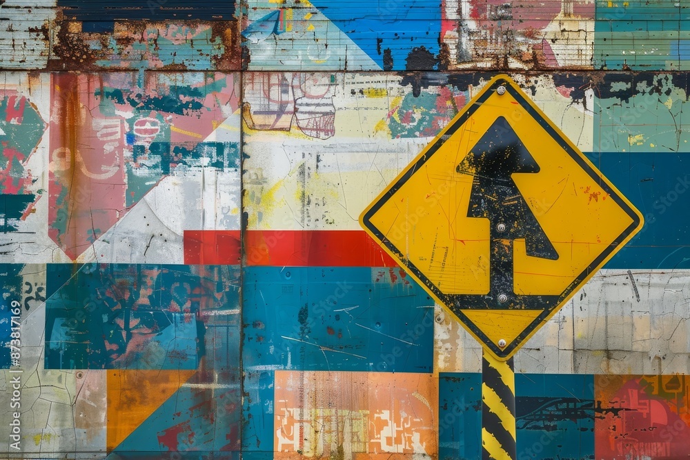 Obraz premium A street sign on a pole stands in front of a vibrant multicolored wall, An abstract interpretation of a school zone sign with geometric shapes and patterns