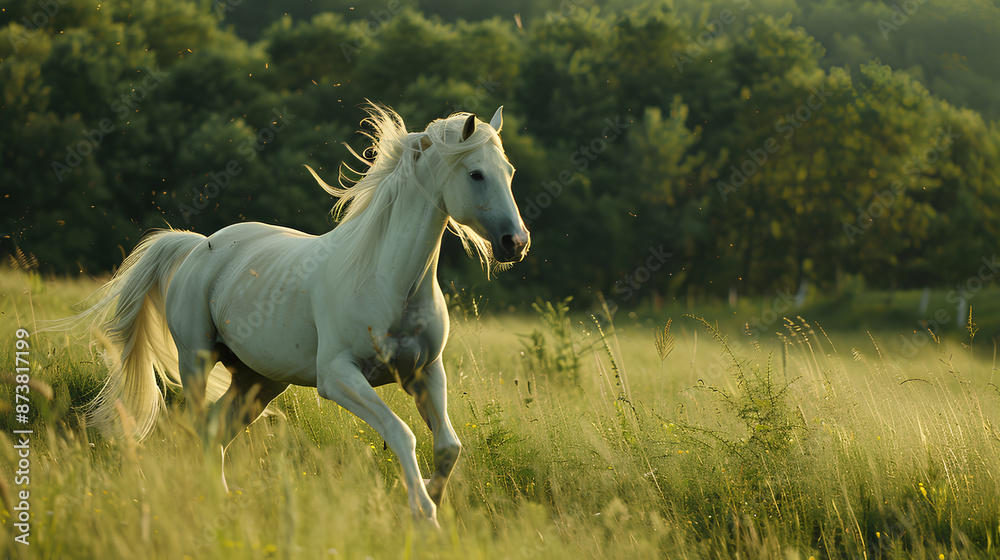 In the expansive green pasture, a magnificent white stallion gallops freely, its mane flowing like a banner of freedom in the wind In the expansive green pasture, a magnificent white stallion gallops freely, its mane flowing like a banner of freedom in the wind