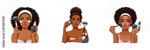 Cartoon woman performing skincare routine with various products, ideal for beauty and wellness content.