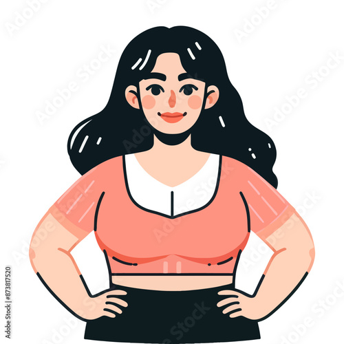 Cartoon plus-size woman with hands on hips, smiling confidently, promoting body positivity.