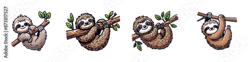 Cartoon illustrations of four cute sloths hanging on branches, showcasing various poses and expressions.