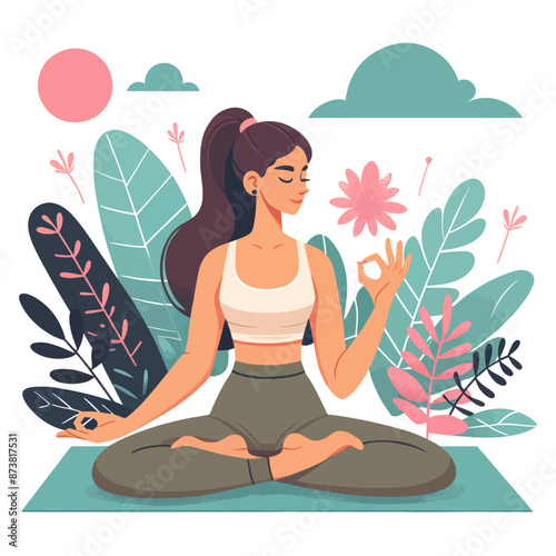 Vector illustration of a woman meditating outdoors, surrounded by plants and flowers.