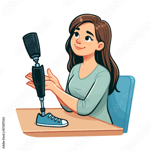 Vector illustration of a woman examining a prosthetic leg, symbolizing medical support for amputees.