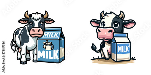 Cute cartoon cows with milk cartons, expressing innocence and fun, perfect for dairy product branding.