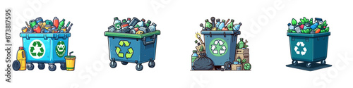 Vector illustration of multiple recycling bins filled with different types of waste.