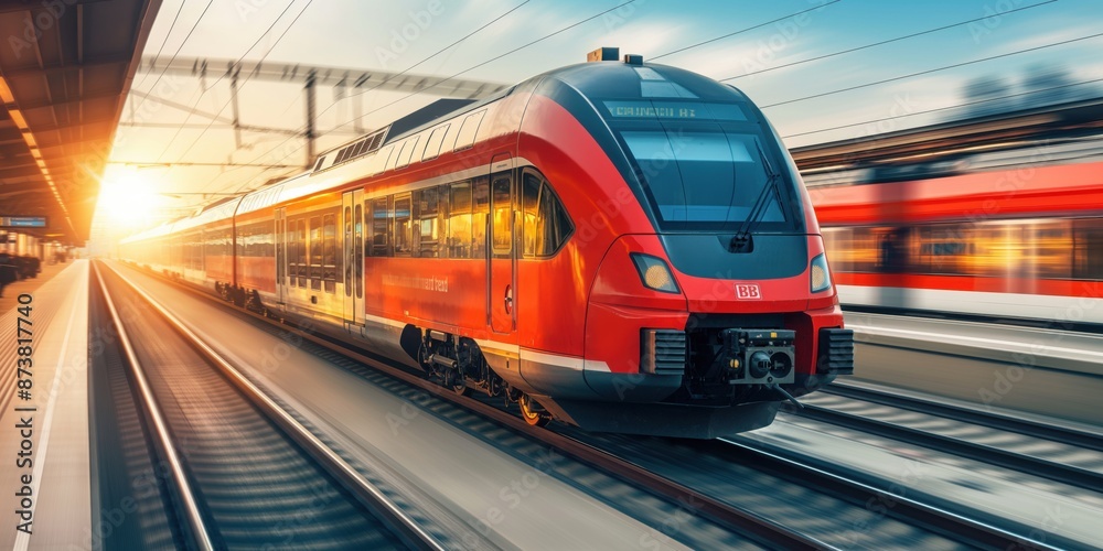 A modern high speed train in motion in Europe. Public transport and travel concept. A modern high speed train in motion in Europe. Public transport and travel concept.