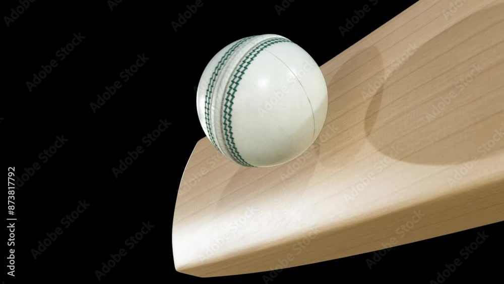 An ultra motion close up of a leather stitched cricket ball hitting a wooden cricket bat on a dark background with alpha mask