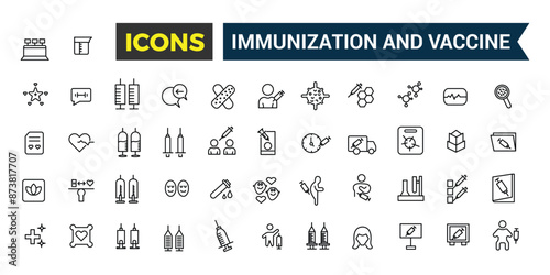 Immunization and Vaccine icons set. Outline icons pack. Editable vector line icon set and illustration for web and UI application.