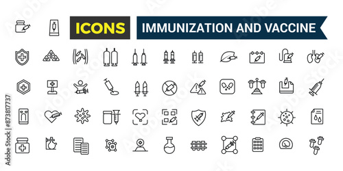 Immunization and Vaccine icons set. Outline icons pack. Editable vector line icon set and illustration for web and UI application.