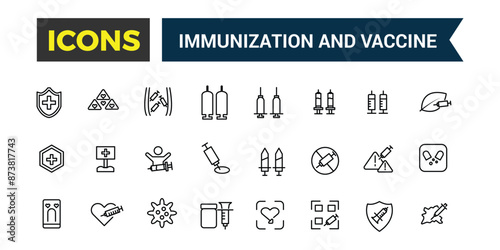 Immunization and Vaccine icons set. Outline icons pack. Editable vector line icon set and illustration for web and UI application.