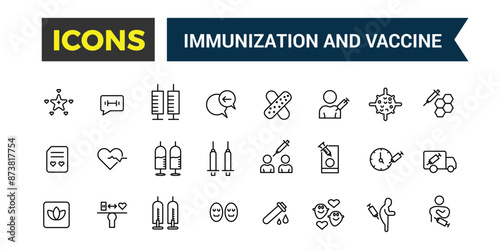 Immunization and Vaccine icons set. Outline icons pack. Editable vector line icon set and illustration for web and UI application.