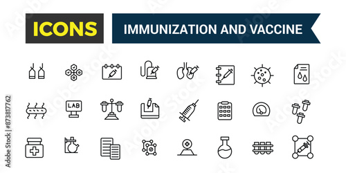 Immunization and Vaccine icons set. Outline icons pack. Editable vector line icon set and illustration for web and UI application.
