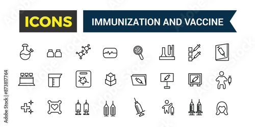 Immunization and Vaccine icons set. Outline icons pack. Editable vector line icon set and illustration for web and UI application.