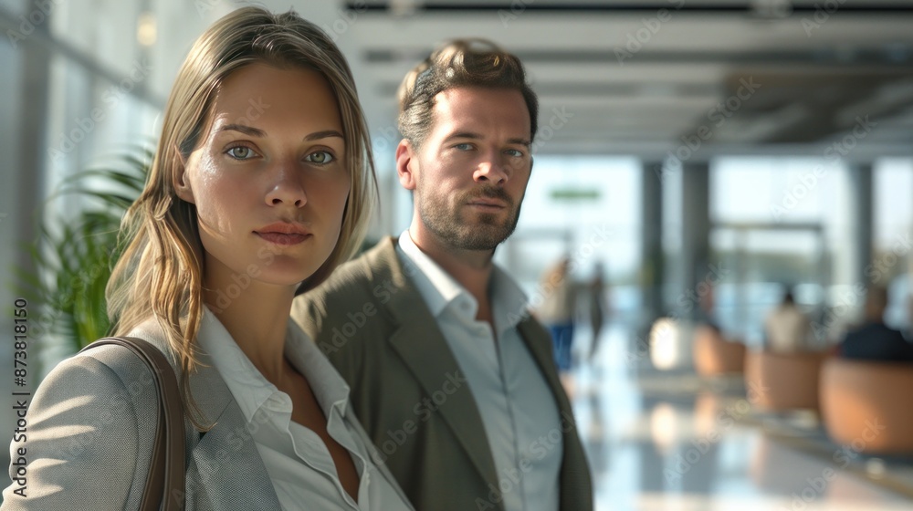 Two business people with casual body language, wearing business attire, standing in a modern office lobby. Two business people with casual body language, wearing business attire, standing in a modern office lobby.