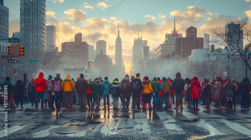 A vibrant cityscape at sunset, with a crowd of people gathered on a rainy street, under the glow of streetlights and neon signs.