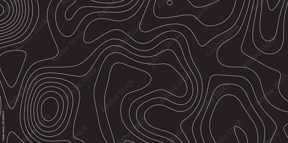Fototapeta premium Abstract white on black background Topographic line map pattern. Contour elevation topographic and textured Background. Modern design black background with topographic animation Motion vector .