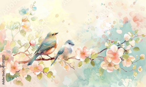 watercolor cute little birds on a flowering branch, lots flowers in tree simple design, pastel colors, colorful background