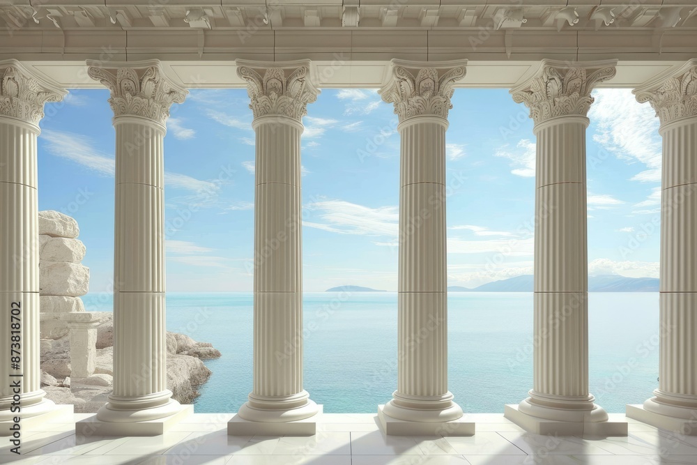 Elegant white greek columns on a sunny day with a tranquil sea view and blue skies Elegant white greek columns on a sunny day with a tranquil sea view and blue skies