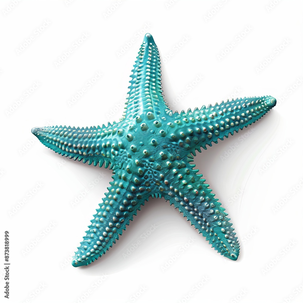 A detailed closeup photo of a marine invertebrate, the starfish, showcasing its intricate patterns and electric blue color on a white background