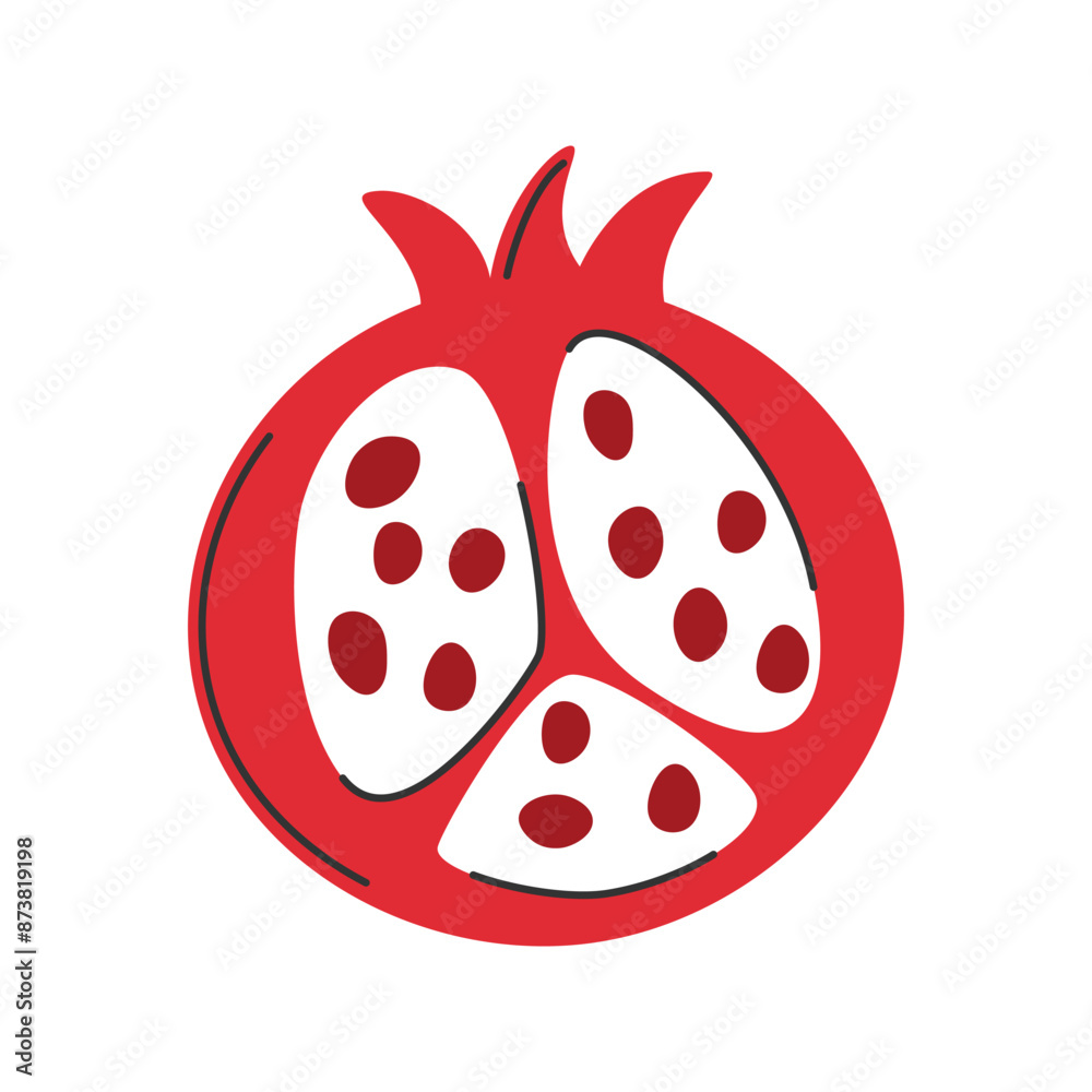 Hand drawn half of red pomegranate in doodle style. Summer fruit. Cut piece of fresh fruit Hand drawn half of red pomegranate in doodle style. Summer fruit. Cut piece of fresh fruit