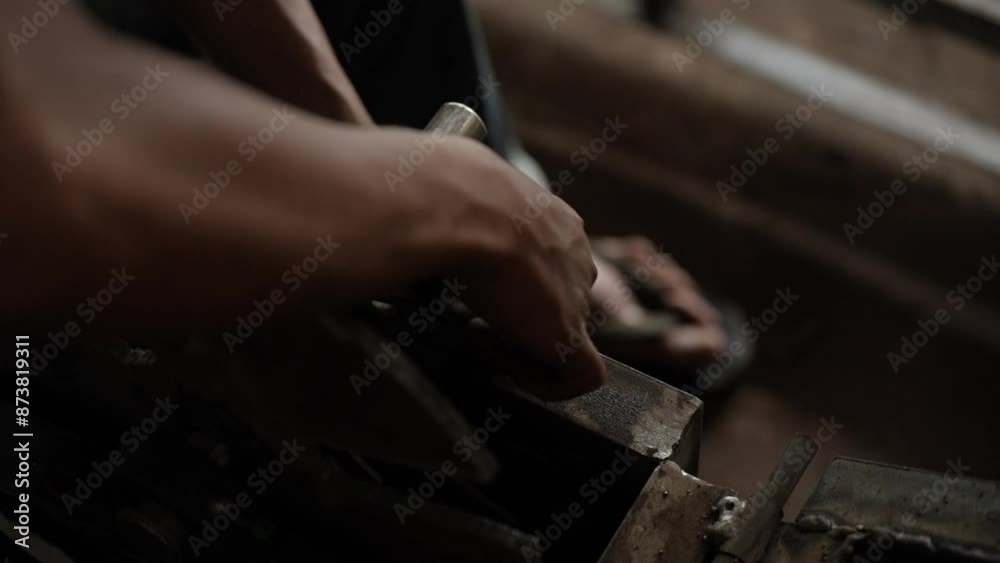 close up of a blacksmith working on a metal