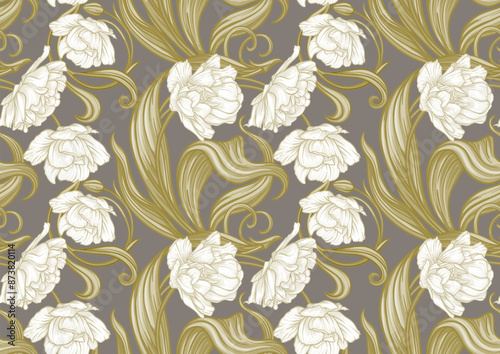 Terri Tulip flowers, decorative flowers and leaves in art nouveau style, vintage, old, retro style. Seamless pattern, background. Vector illustration.