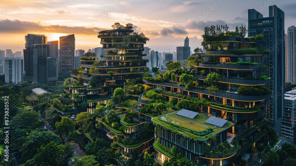 Obraz premium A modern city skyline with buildings equipped with green roofs and solar panels, promoting urban sustainability and eco-friendly architecture.