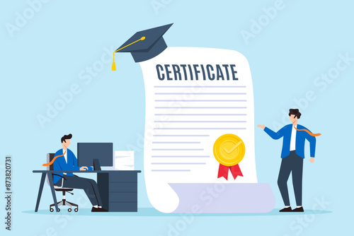 Candidate presenting certificate to recruiter certifying excellence recognizing top talent official recognition achievements