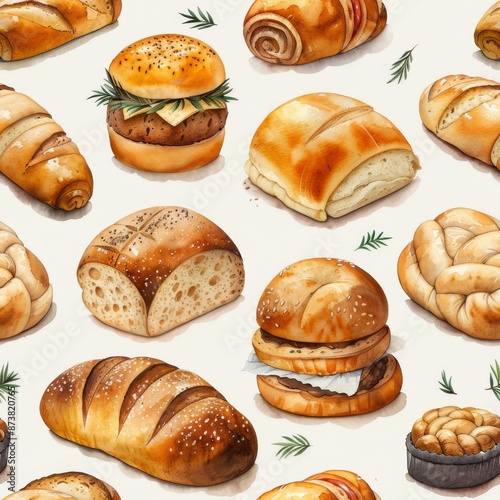 watercolor Bakery Breads on vintage background, seamless repeating pattern, minimal pattern