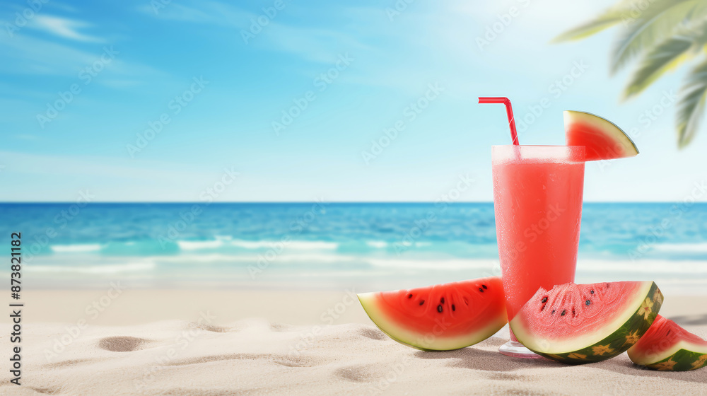 beautiful beach with a slice watermelon and a glass of juice beautiful beach with a slice watermelon and a glass of juice